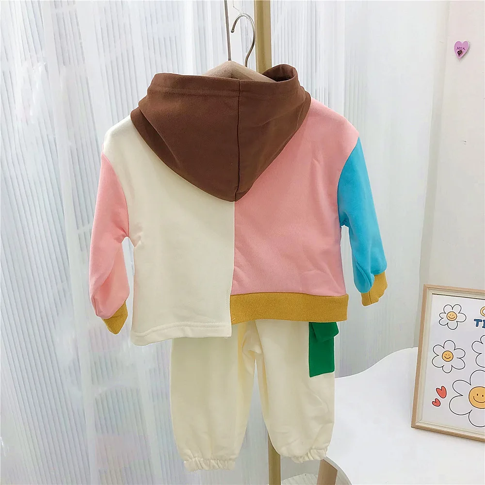 2022 fall new fashion baby girls clothing sets patchwork long sleeve hooded sweater tracksuits toddler boys girls outfits