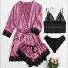 Sexy Sleepwear Sexy 3 In 1 Women Plus Size Silk Satin Bathrobe Women's Sleepwear Lingerie Pajamas Set 2021