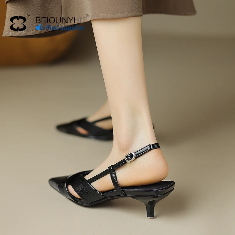 2024 Top Selling Customize New Design Women Summer Pointed Toe Stiletto Sandal Low Heel Genuine Leather Dress Shoes Sandals