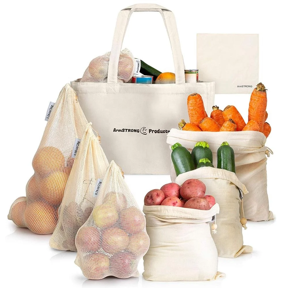 3Pcs Organic Cotton Vegetable Mesh Bags for Grocery Shopping Storage Reusable 