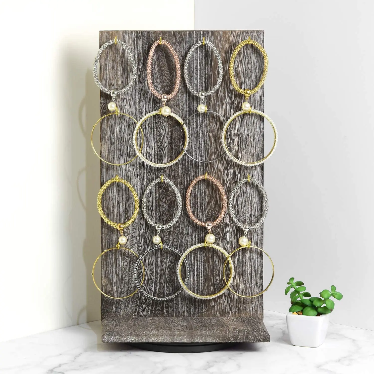Two-Sided Rotating Rustic Wooden Jewelry Display Stand For Store, Earring Display with Hooks