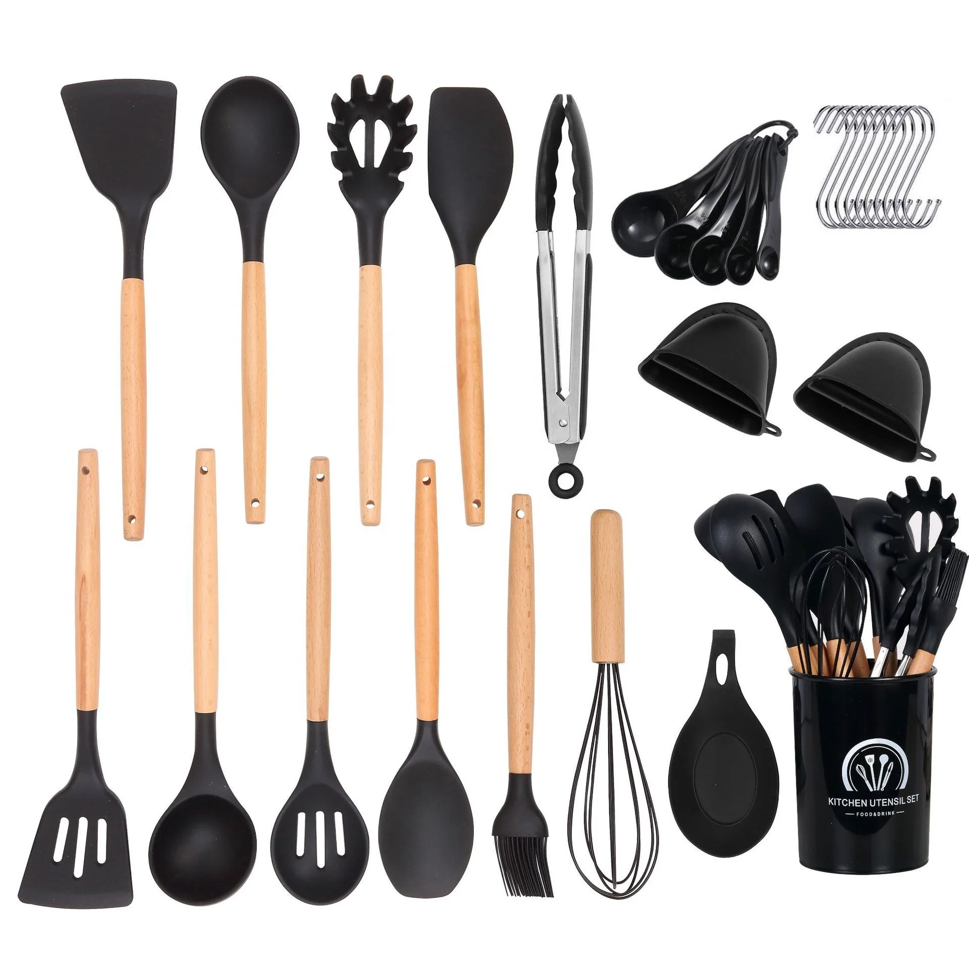 Silicone Kitchenware 38pcs Utensils Set With Holder Non Stick Wooden Handle Silicone Kitchen Accessories Cooking Utensil