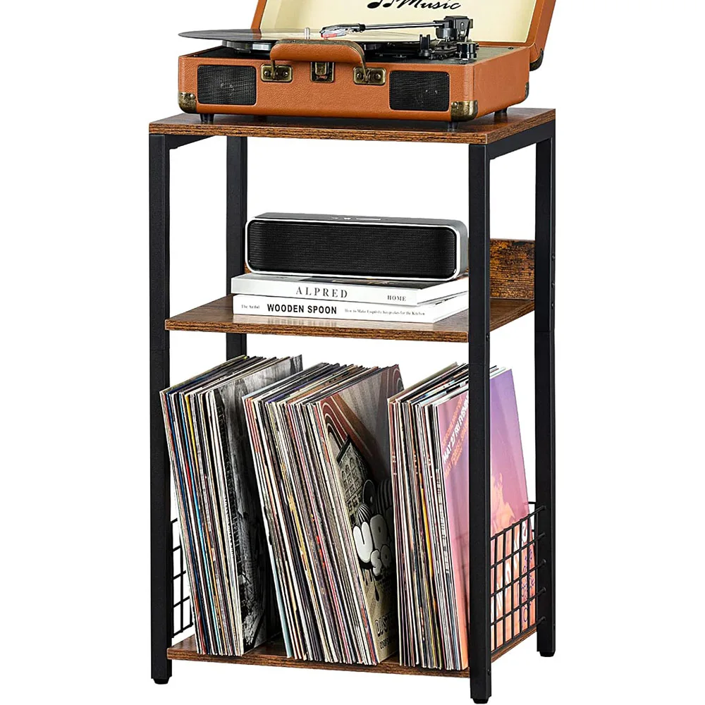 3-Tier Brown Records Storage End Table Wooden Metal Turntable Stand Living Room Bedroom Coffee Tables Record Player Stand factory