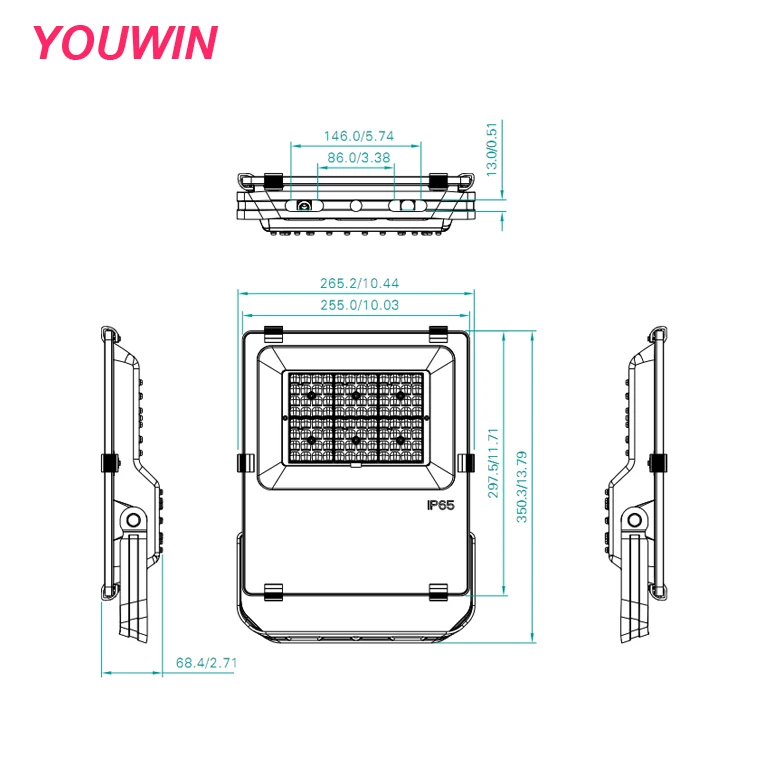 YOUWIN Led Flood Light 50w IP65 Smart Indoor Outdoor High Bay Projector Lamp Black Body PC Lens