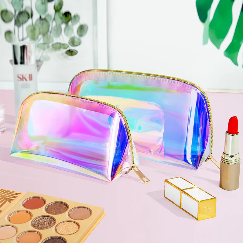 Custom Logo Waterproof PVC Leather Luxury Holographic Shiny Makeup Pouch Cosmetic Bag for Women Girls