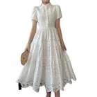 White Dress CHICEVER Lapel Puff Sleeve High Waist White Hollow Out Elegant Summer Dress For Women
