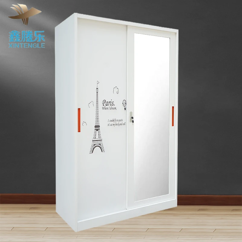 Flower Print Storage Cabinet Stainless Steel 2-Door Wardrobe Lemari Besi Sliding Metal Door Wardrobe