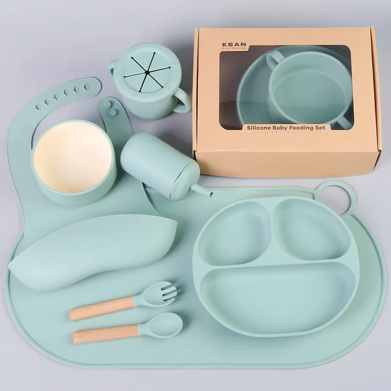 Customizable Trending Supplies Eco Friendly Weaning Baby Tableware Set Bib Bowl Suction Plate Silicone Baby Feeding Set
