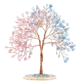 Aquamarine Quartz Healing Crystal Feng Shui Money Tree Natural Gemstone Ornament Tree with Agate Slice Base