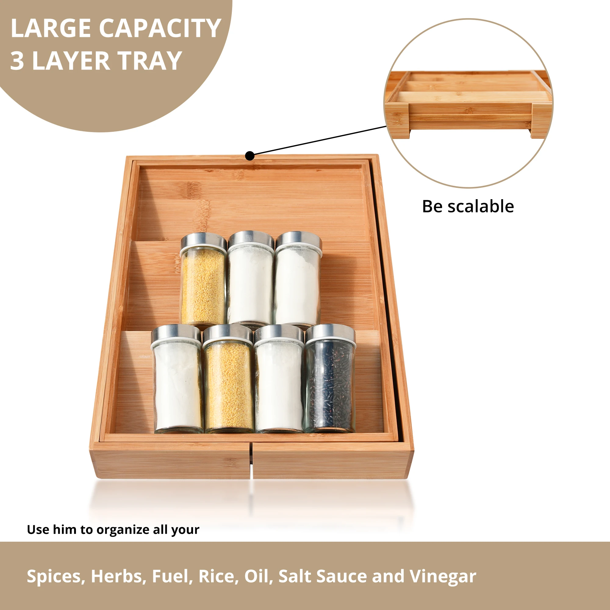 Expandable Spice Rack Drawer Organizer Adjustable,  Free standing Bamboo 3 Tier Spice Rack for Kitchen Drawers