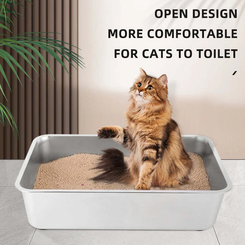 Stainless Steel Xl Litter Box Stainless Steel Cat Litter Box with Anti-slip Rubber for Manual Cleaning