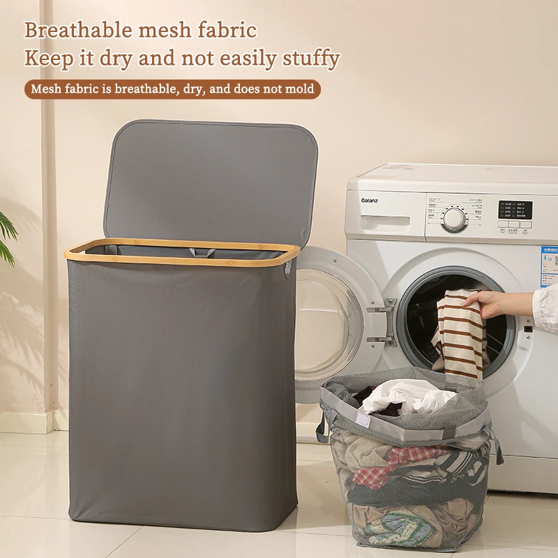 Slim Narrow Foldable Clothes Laundry Hamper Laundry Room Bamboo Laundry Basket with Removable Inner Bag