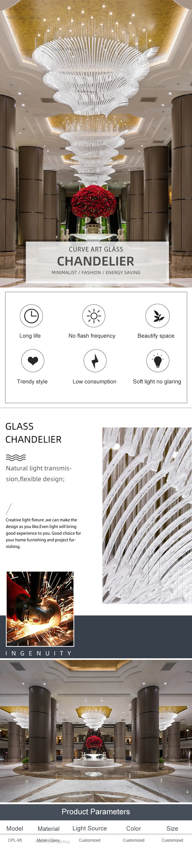 CPL-95 New Design Custom Made Decoration Lighting Luxury Large Hall Hotel Lobby Bespoke Glass Chandelier factory