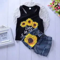 Wholesale boutique toddler little girls summer outfits daisy design vest tops+denim shorts kids girls clothing sets