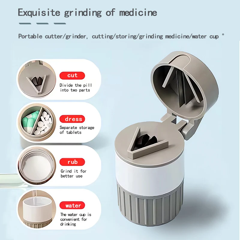 Four-in-one Dust-proof Pill Box with Pill Cutter Portable 6.3*4.2cm ABS Pill Dispenser Box