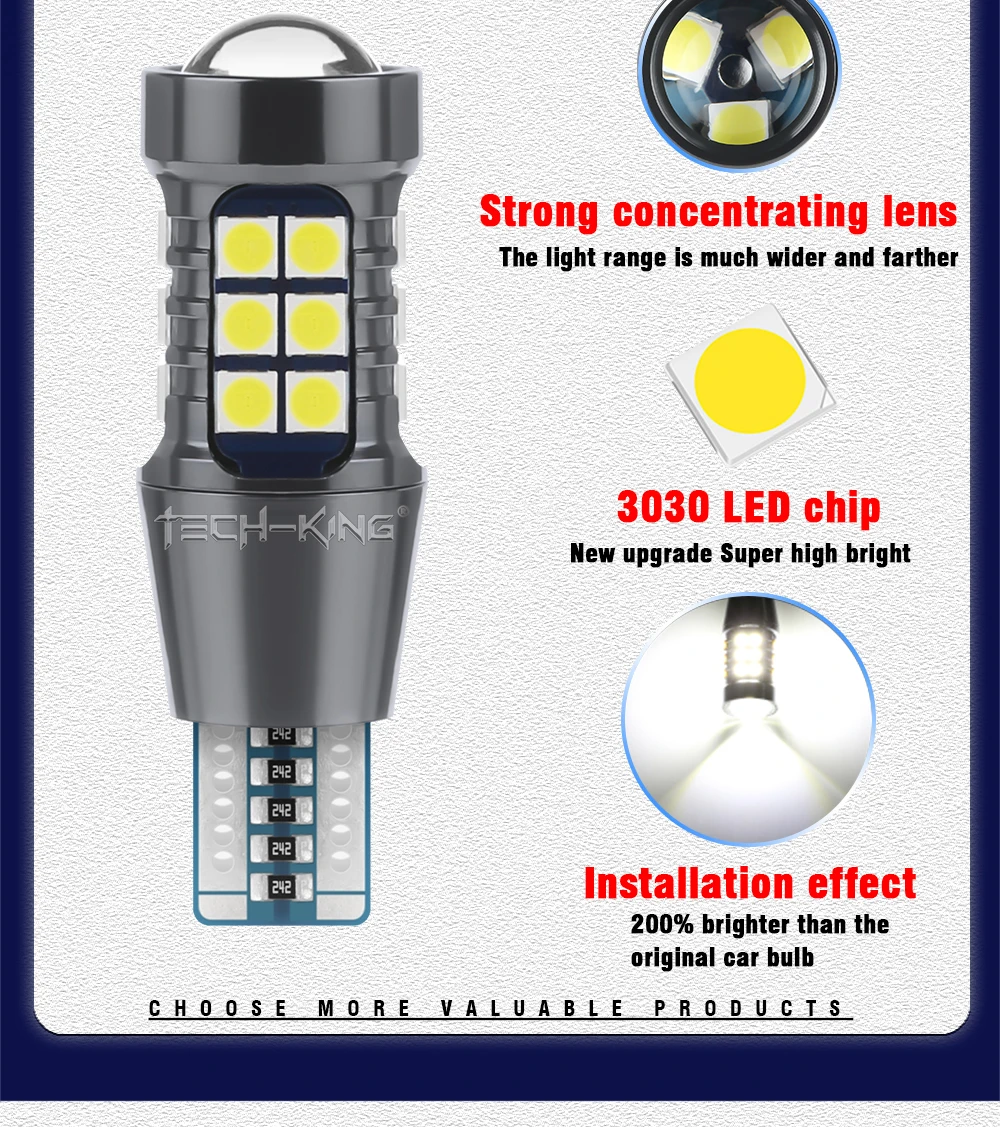 TECH-KING High Bright Lens 27SMD 3030 Led Car Reverse Light Canbus W16w Backup Lights 921 12-24V T15 Bulbs