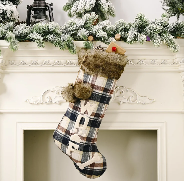 dog bone christmas stocking black white plaid socks christmas