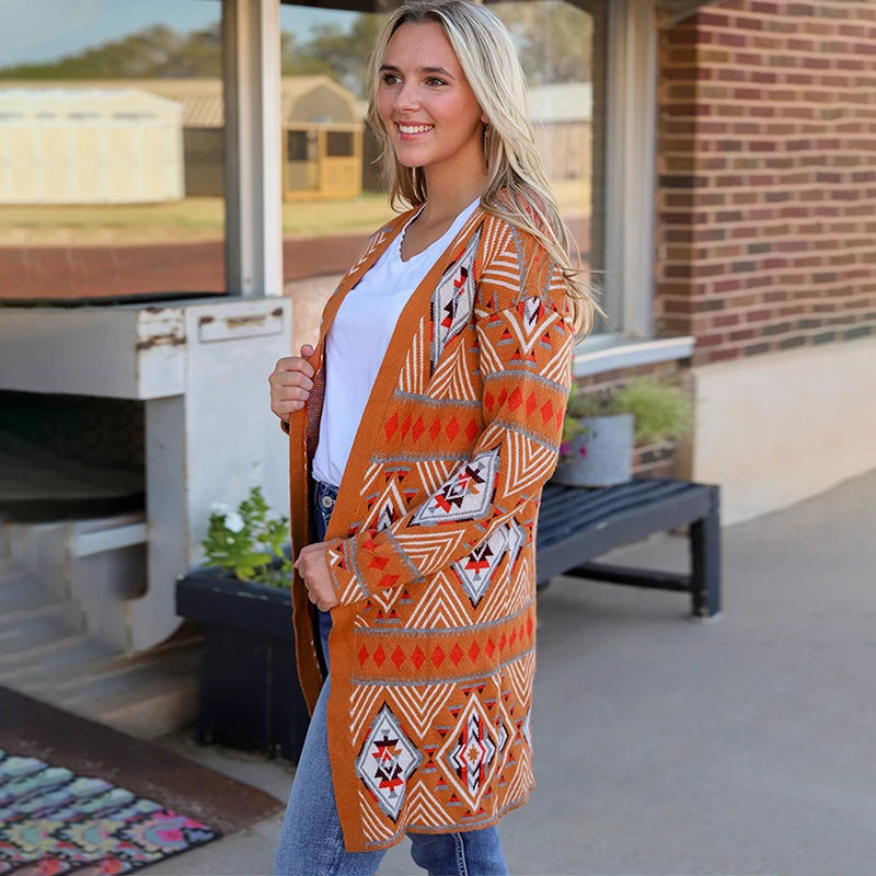 Dear-Lover Western Clothing Aztec Geometric Ladies Coat Open Front Long Ribbed Knit Sweater Women Cardigan