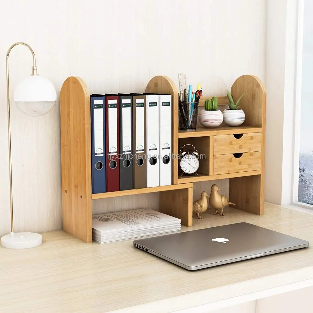 product office supplies bamboo desk organizer extendable wooden desktop bookshelf with 2 drawers-1