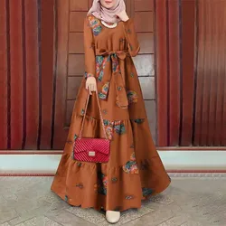 Factory Wholesale Women's Long Sleeve Dresses Cotton Linen Print Floral Loose  O-Neck Muslim Women's Clothes  Casual Dress