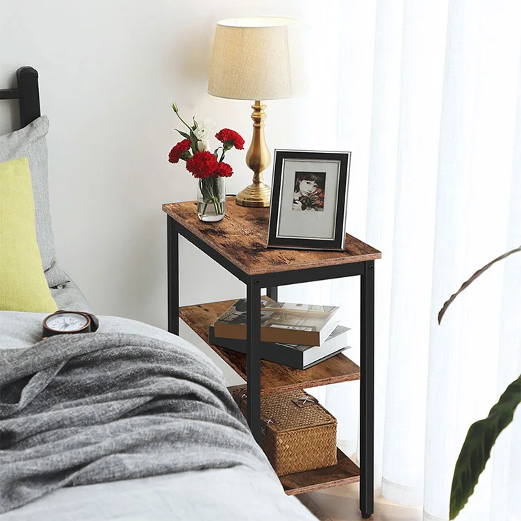 Wholesale Industrial Style Brown Three Tier Side Table with Shelves Narrow Bedside Table Small Sofa End Table for Living Room