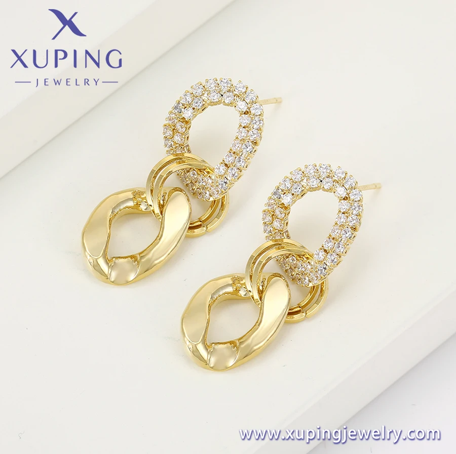 YM earring-904 XUPING 14K gold color French Antique Microset 3A+ Zircon Metal Geometric Double Link Chain Drop stud Earrings