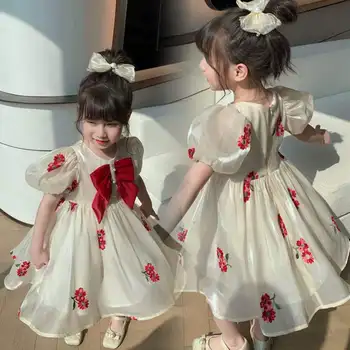 children clothes red bow puff short sleeves girls floral embroidered flowers sweet princess girls dress for summer