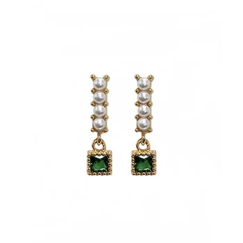 Real Gold Plated Small Square Green Emerald Crystal Dangle Earrings Women Elegant Bar Baroque Pearl Earrings for Wedding