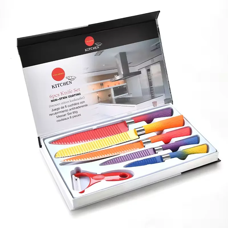6Pcs Colorful Stainless Steel Non-stick Kitchen Knife Sets Wavy Pattern Multifunctional Knife with Color Box