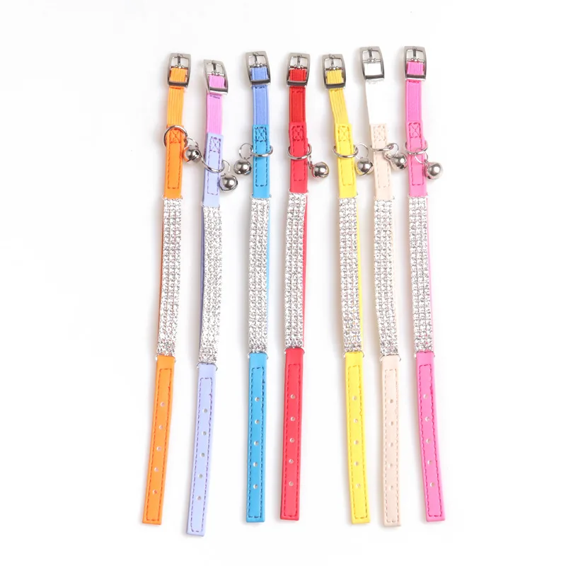 Wholesale Rhinestone Dog Cat Collar High Quality Pu Leather Puppy Cat Collar with Bell