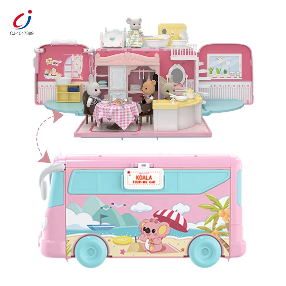 Educational Children plastic play house play set DIY touring bus furniture toys miniature 3d diy doll house toys