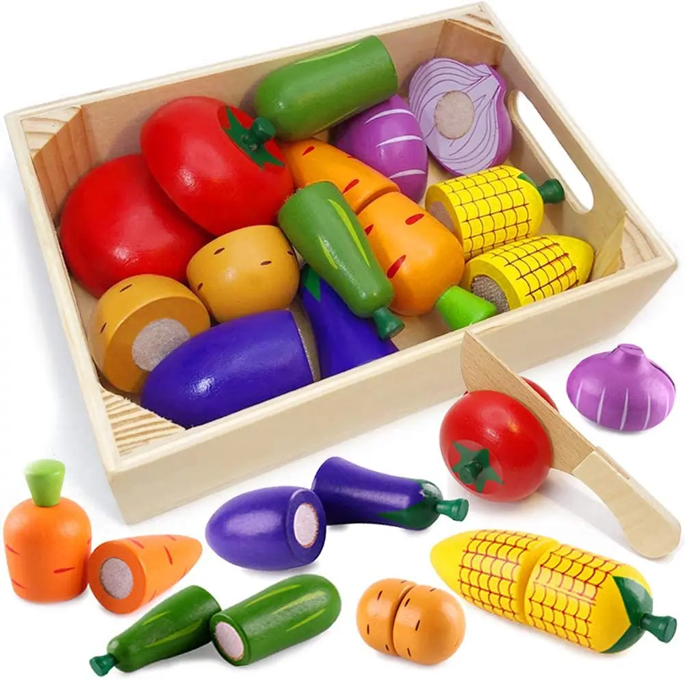 Wooden Fruit & Veg set Kitchen Play Food Cutting Toy 