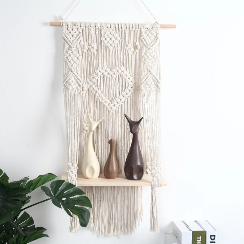 Hot Sold Macrame Wall Hanging Plant Hanger Woven Wooden Plant Pot Holder Indoor Outdoor Macrame Shelf