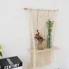 Macrame Bohemian Style Hand-Woven Macrame Wall Hanging Floating Wooden Plant Hanger Shelf For Living Room Wall Decor