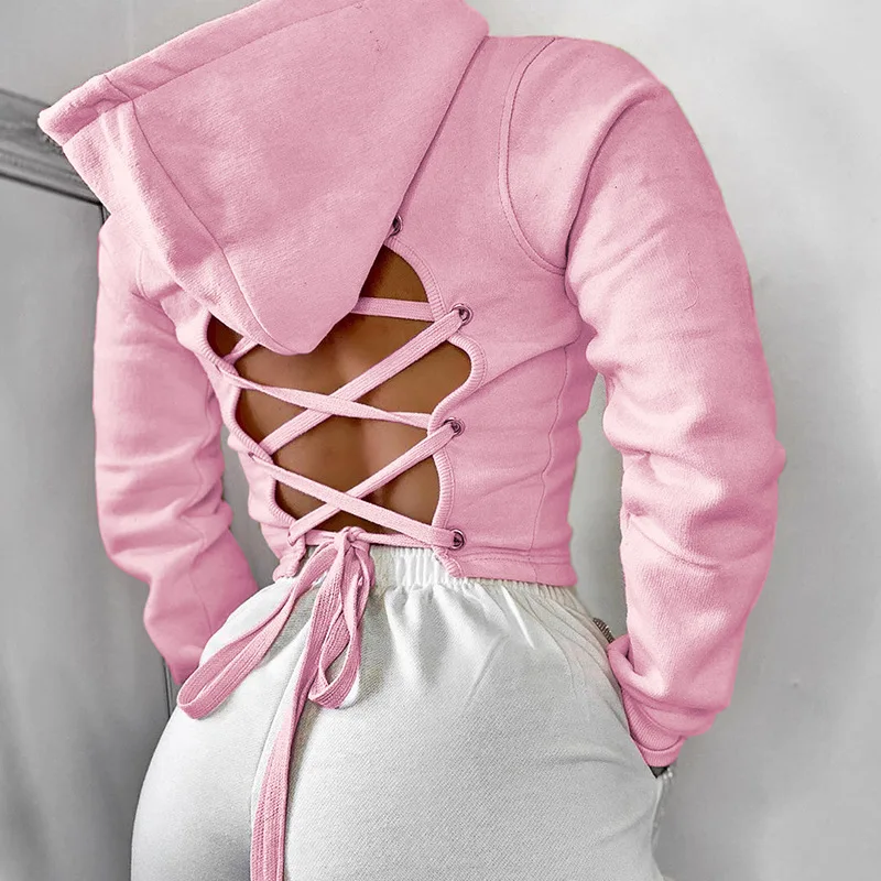 lace up back crop hoodie