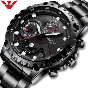 NIBOSI Sport Watch Quartz Wristwatches Waterproof Big Dial Traveling Fashion Watches Stainless Steel Men Watch Classic Black