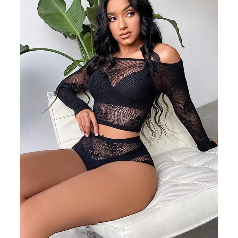 Women S Fishnet Off The Shoulder Lingerie Set Sexy Black Mesh Bodysuit