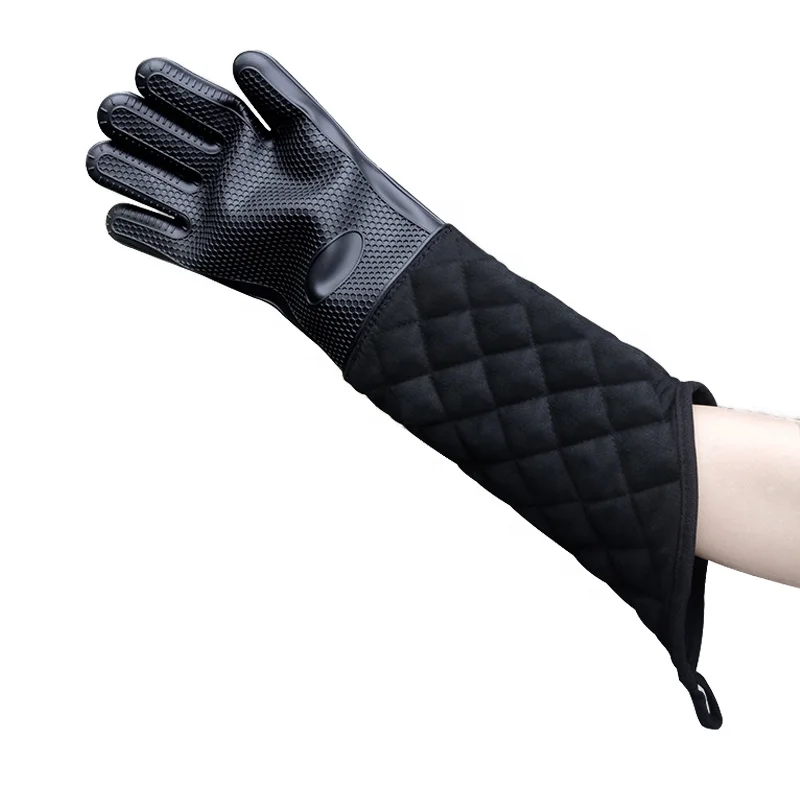 Extra Long 60cm Household BBQ Grill Oven Mitts, Heat Resistant Honeycomb Silicone Cotton Gloves supplier