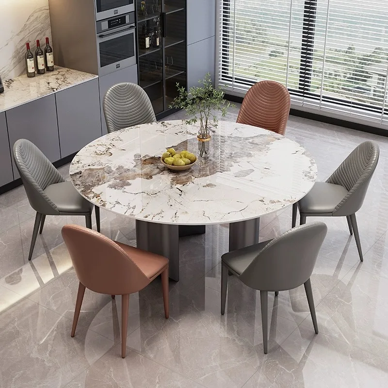 Italian Luxury Sintered Stone Round Dinning Table Set For 6 With Turntable Household Carbon Steel Base Restaurant Dining Table