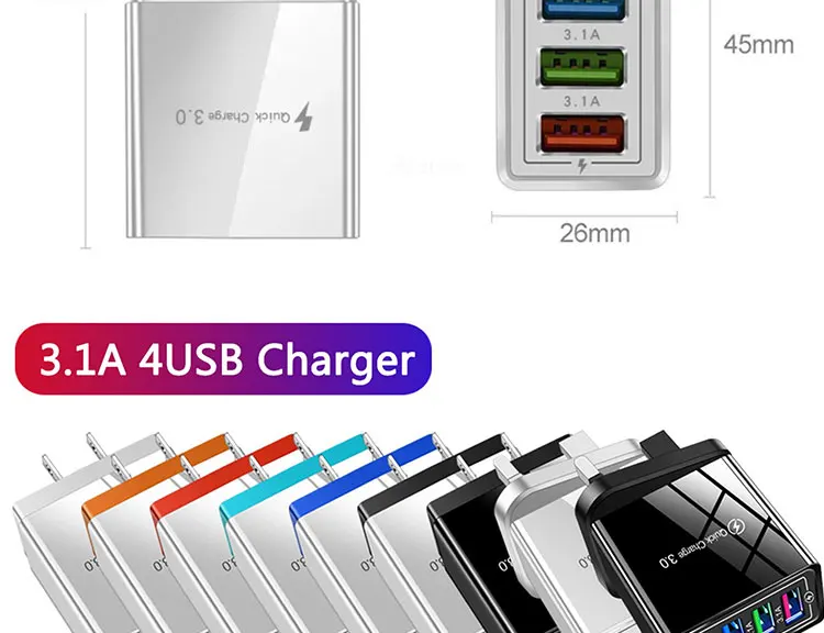 Fast Charging EU US UK 4 Ports 3.1A Mobile Cable Phone QC 3.0 Travel Wall Charger for IOS Android Power Bank