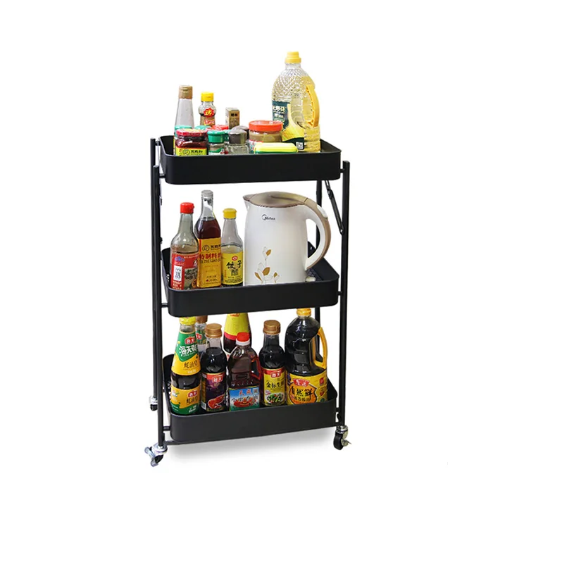 Portable Household 3 Layers Kitchen Trolley Cart Folding Storage Rack With Basket