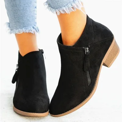 Autumn Winter Fashion Pointed Toe Zipper Boots Black Blue Women Round-Toe Women Boots Faux Leather High Heel Ankle Boot