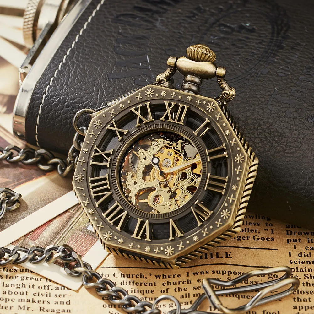 Hot Selling Antique Roman Numeral Alloy Pocket Watch With Chain Octagon Hollow Mechanical Pocket Watches