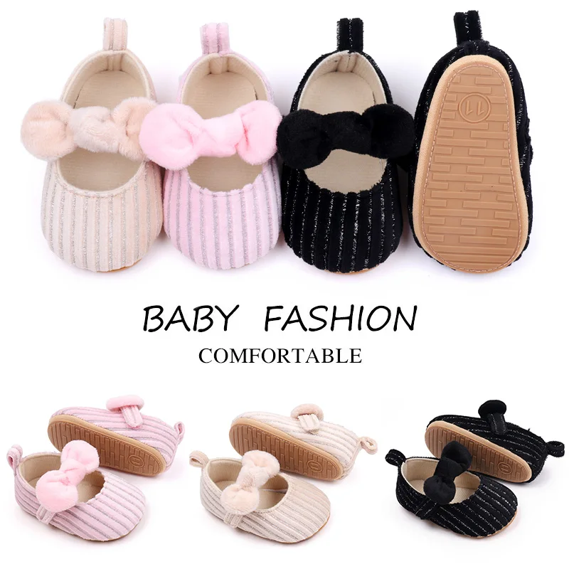 Spring and Autumn Plush Bow Striped Soft Soled Toddler Shoes for Baby Girls factory