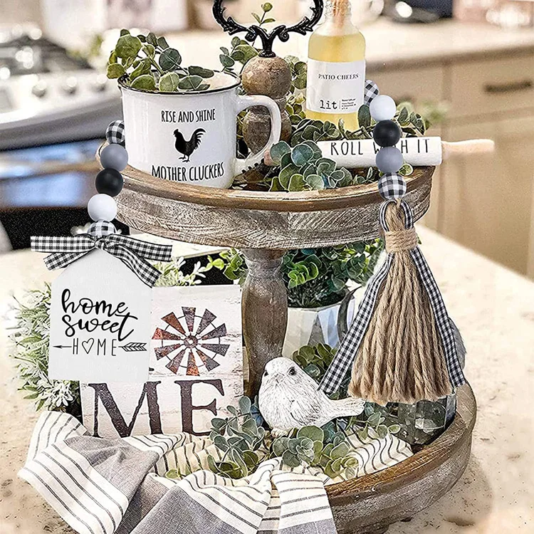 Hot sell black and white farmhouse wood bead garland with tassels