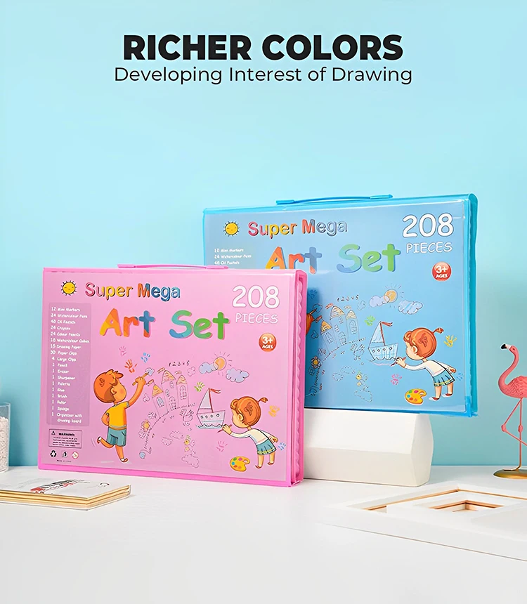 208PCS Kids Painting Drawing Art Set with Crayons Oil Pastels Watercolor Markers Colored Pencil Tools for Boys Girls Gift