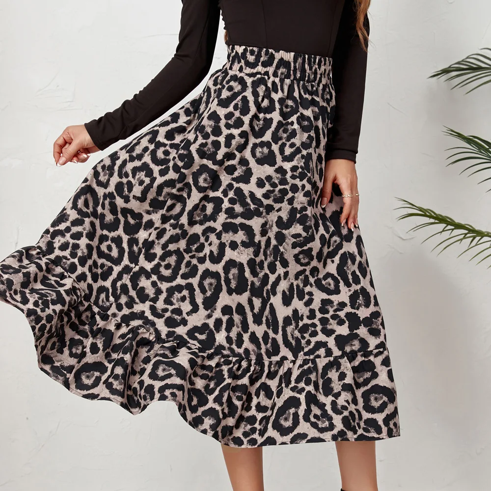 YingTang Women Leopard Print Long Skirts Chiffon Summer Beach Pleated Elastic High Waisted Maxi Women's Skirts