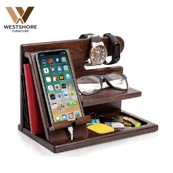 Wood Mobile Phone Docking Bracket Station Key Holder Wallet Watch Organizer Stand Desktop Desk Phone stand Charging Storage Rack