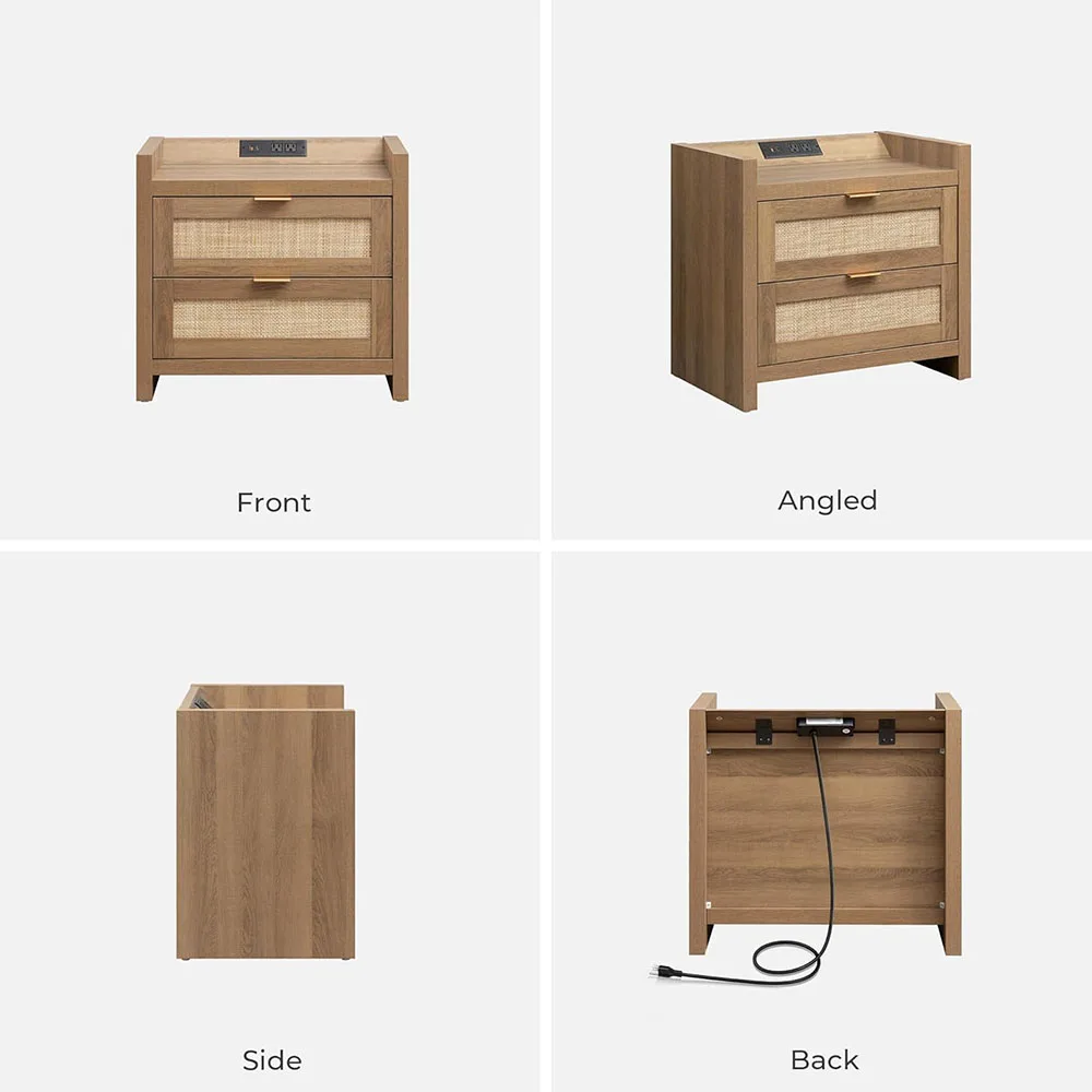 product modern nightstand type c charging station 2 drawers storage natural oak finish bedside night stand rattan bedroom furniture-7
