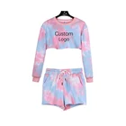 Sweatshirt Summer Cozy Colorful Tie Dyed Printing Long Sleeve Crop Crew Neck Sweatshirt Short Set For Women